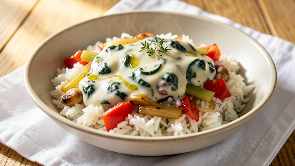 Caribbean Spinach Rice Recipe: One-Pot Golden Grains With Toasted Celery Crunch