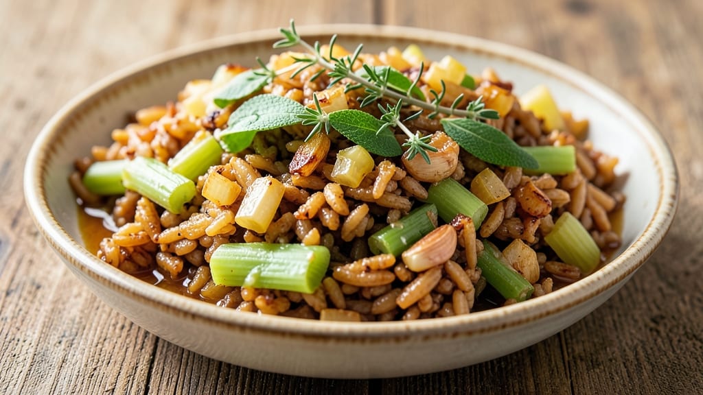 Brown Rice Stuffing Recipe: Savory Herb-Infused Crunch With Golden Celery Crowns