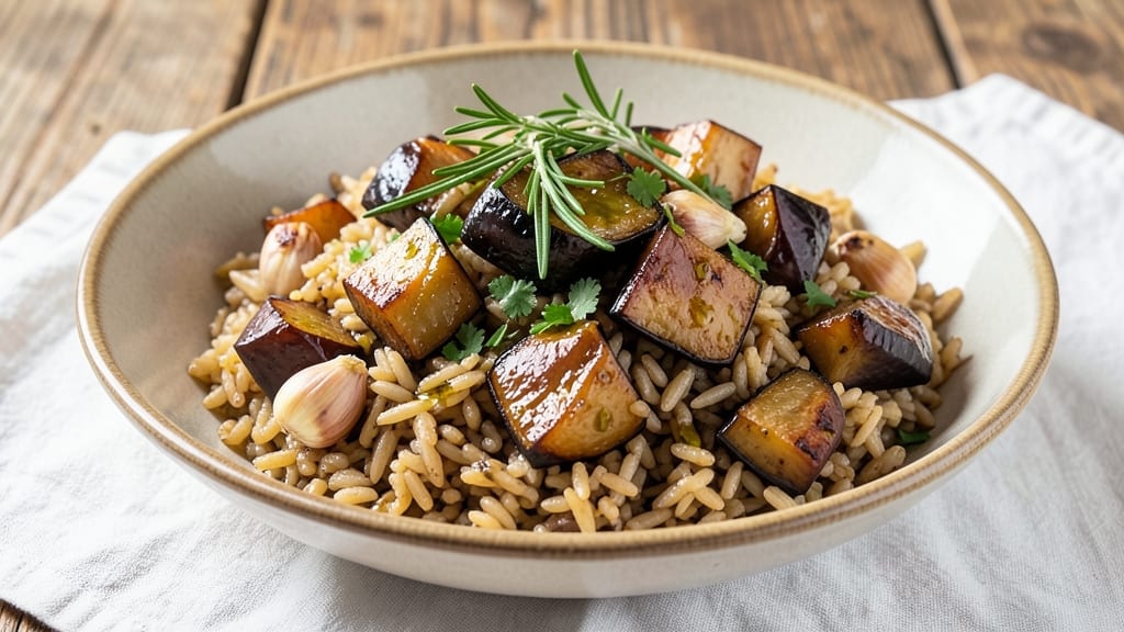 Brown Rice and Eggplant Recipe: Mediterranean-Style Baked Bowl