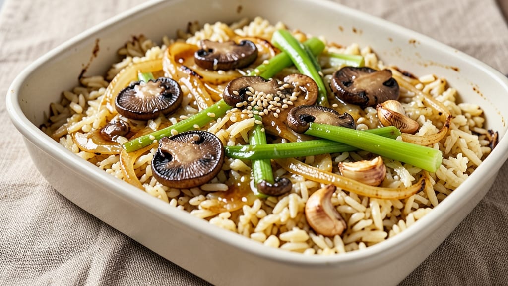 Braised Rice Recipe Oven: Crispy Celery Crown Over Melty Cheese Topping