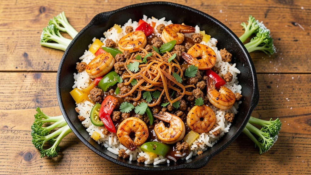 Cajun Shrimp and Dirty Rice Recipe: Spicy Kick and Crispy Celery Crown Topping