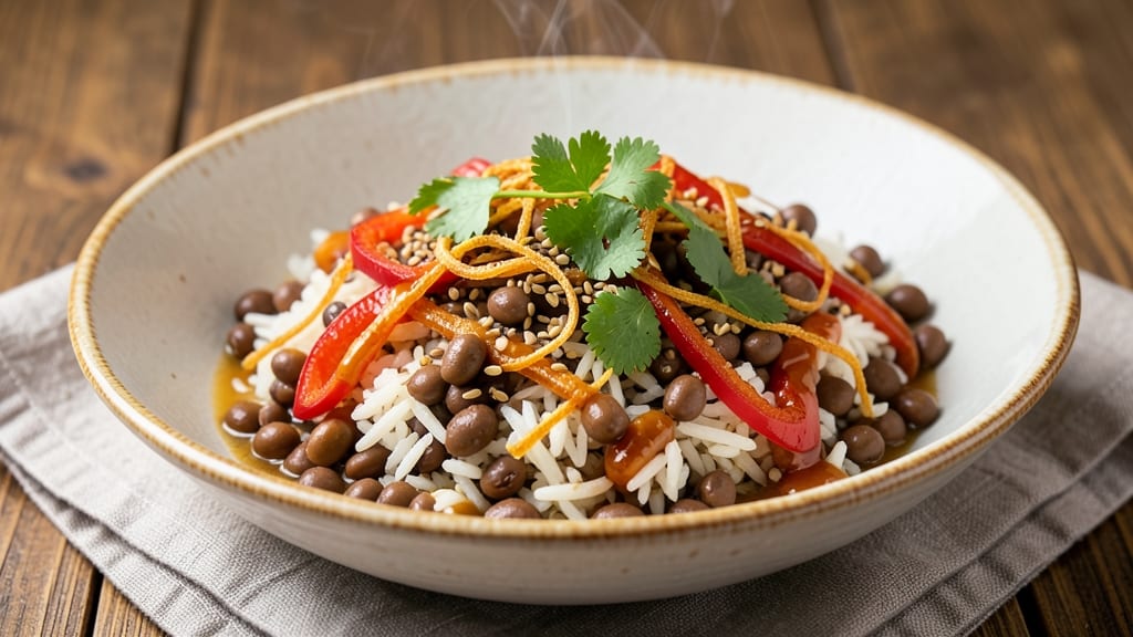 Black Eyed Peas and Rice Recipe Vegetarian: Spiced Southwestern Bowl With Crunchy Celery Topping