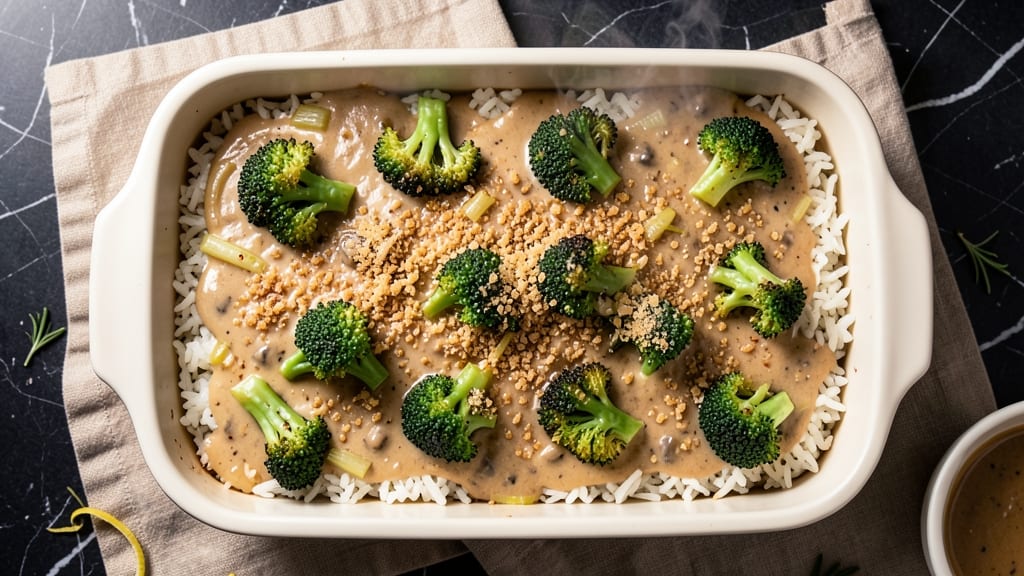 Broccoli Rice Casserole Recipe with Cream of Mushroom: Crispy Celery Crown Over Creamy Mushroom Melt