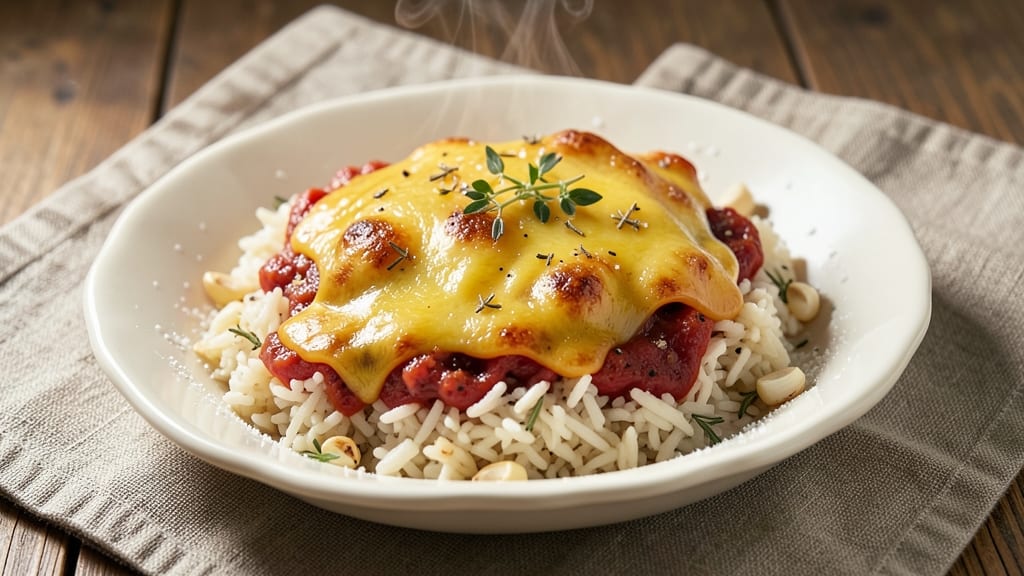 Cheesy Leftover Rice Recipe With Creamy Garlic-Tomato Topping