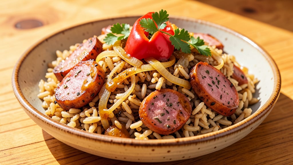 Brown Rice and Italian Sausage Recipe: Crispy Sausage Bites Over Nutty Rice