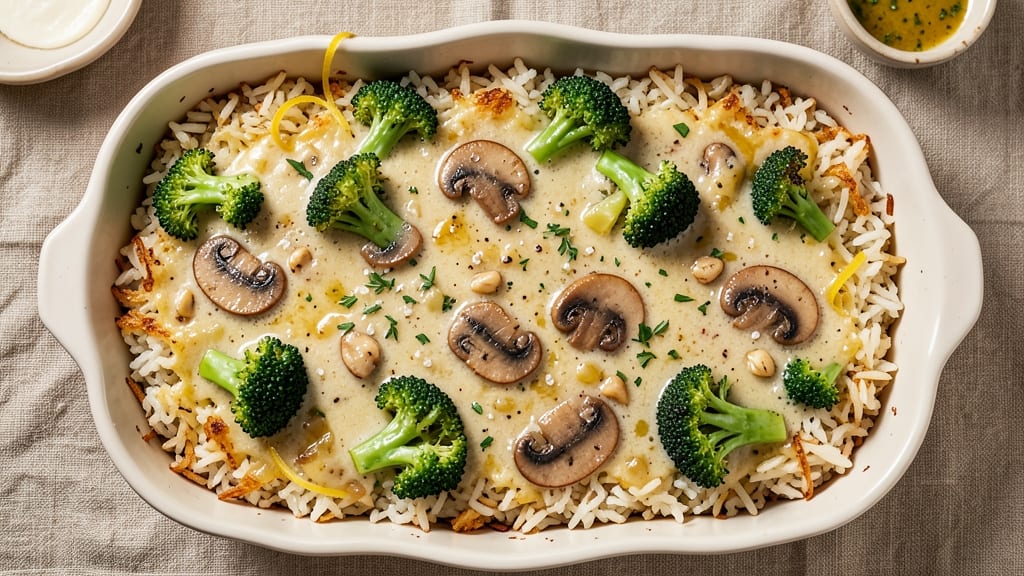 Broccoli Rice Mushroom Casserole Recipe: Cheesy Umami Bake With Crispy Top Layer