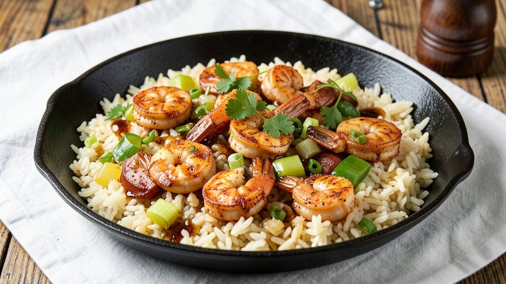 Cajun Shrimp and Andouille Sausage Rice Skillet Recipe: Smoky Spice Bomb With Crispy Celery Crown