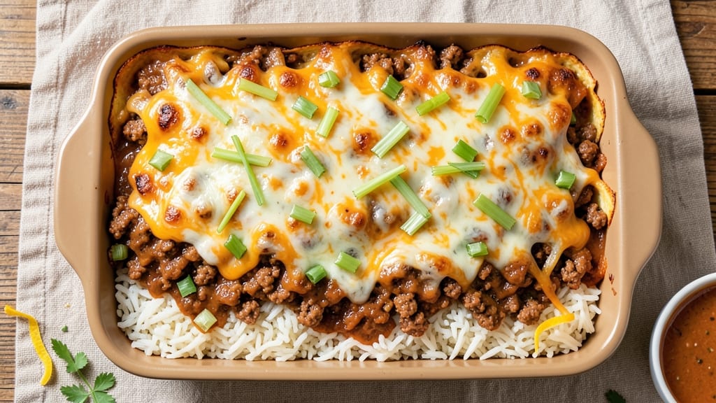 Cheesy Taco Rice Casserole Recipe: Crispy Celery Crown Over Melty Cheese Layers