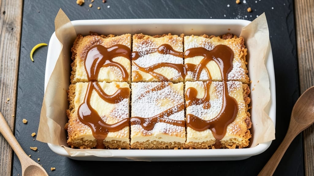 Caramel Rice Krispie Cheesecake Bars Recipe: Crunchy Top and Creamy Swirl Magic