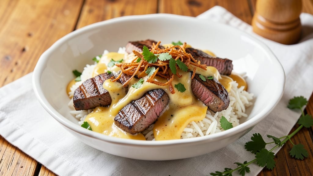 Cheesy Steak and Queso Rice Recipe: Melted Cheese and Steak Bites in One Pot